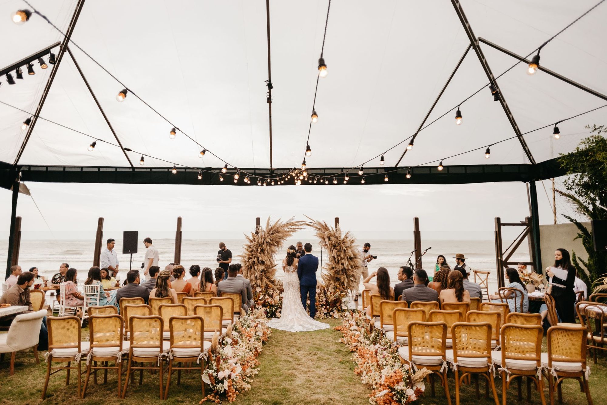 An elegant wedding hall set for a ceremony